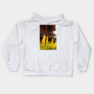 Wooden Farm Building with Foreground Flowers Kids Hoodie